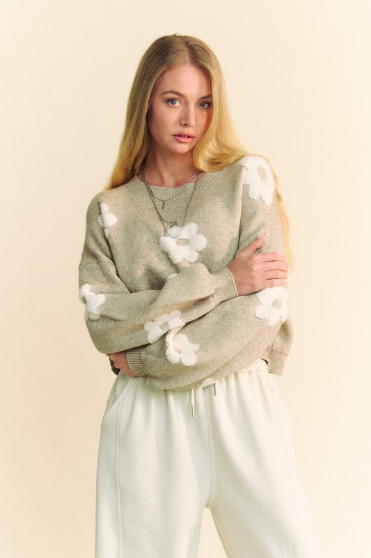 Davi & Dani Floral Cropped Sweater In Tan