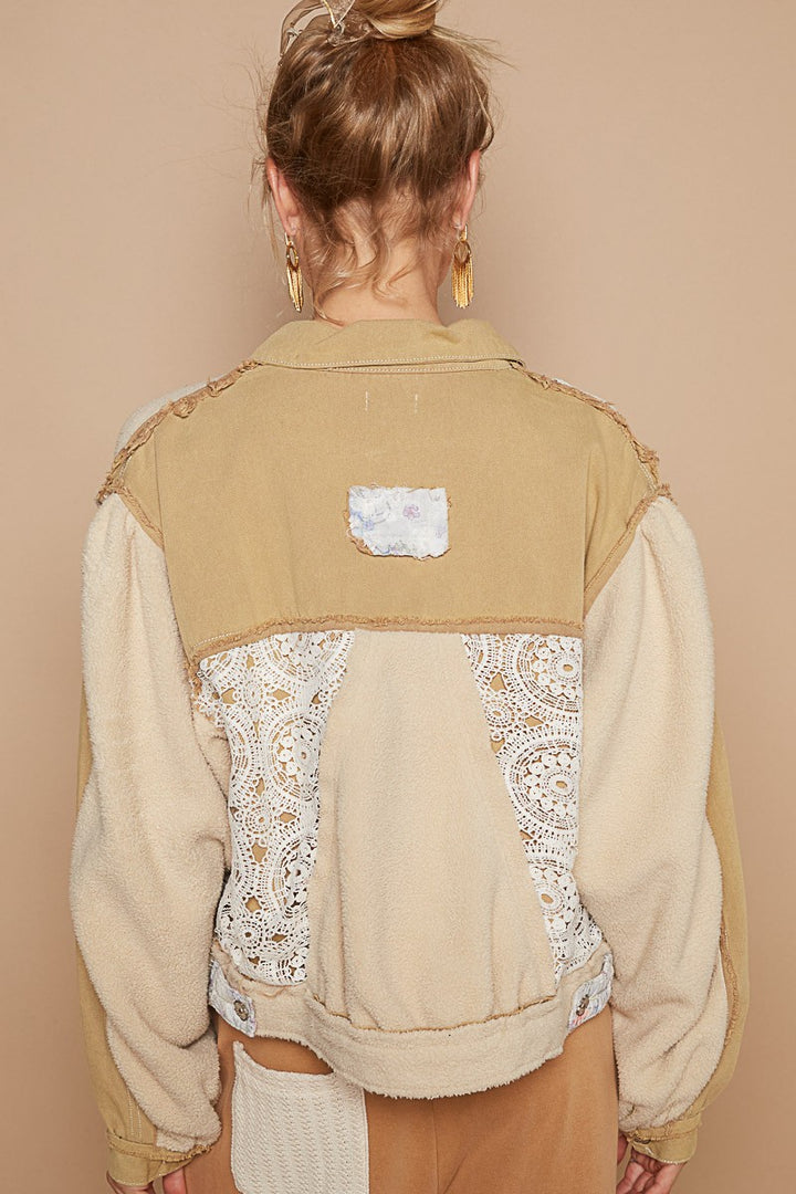 POL Crochet Patch Exposed Seam Button Up Jacket In Sand