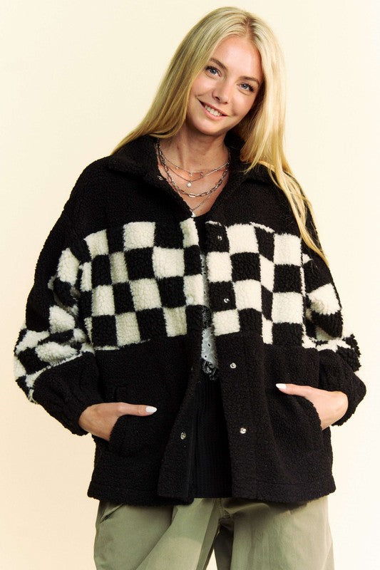 Davi & Dani Checkered Faux Fur Jacket In Black