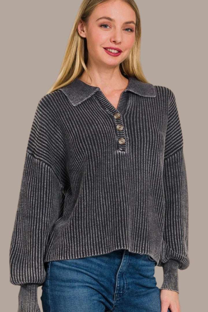 Zenana Washed Half Button Sweater In Black