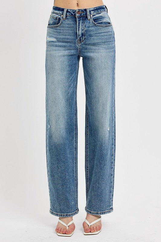 RISEN Distressed Wide Leg Jeans In Medium Wash