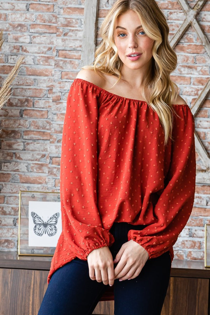 Heimish Swiss Dot Off Shoulder Top In Rust