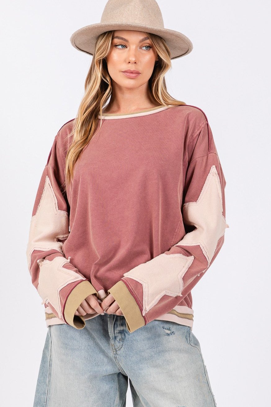 SAGE + FIG French Terry Star Applique Patch Sweatshirt In Pink