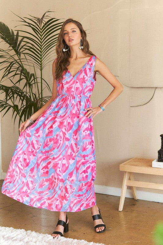 ADORA Abstract Floral V-Neck Maxi Dress In Pink Blush