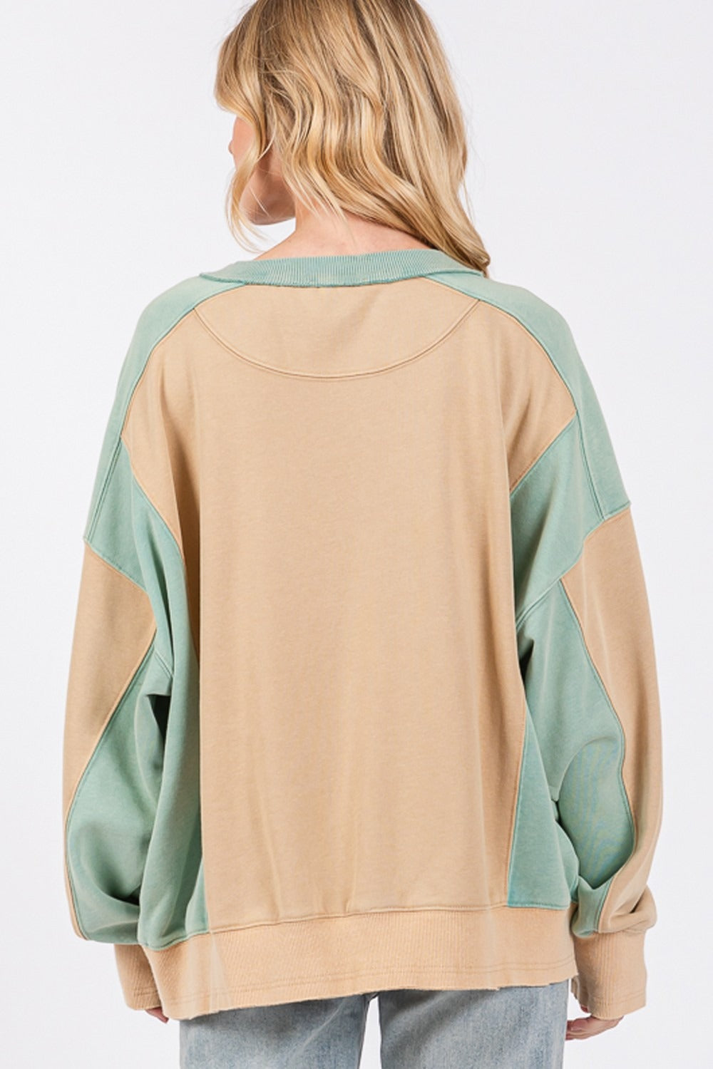 SAGE + FIG Color Block Round Neck Sweatshirt In Cookie