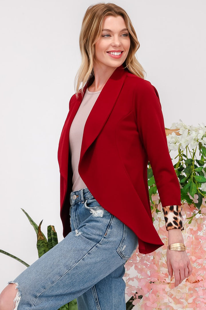 Leopard Cuff Open Front Blazer In Burgundy