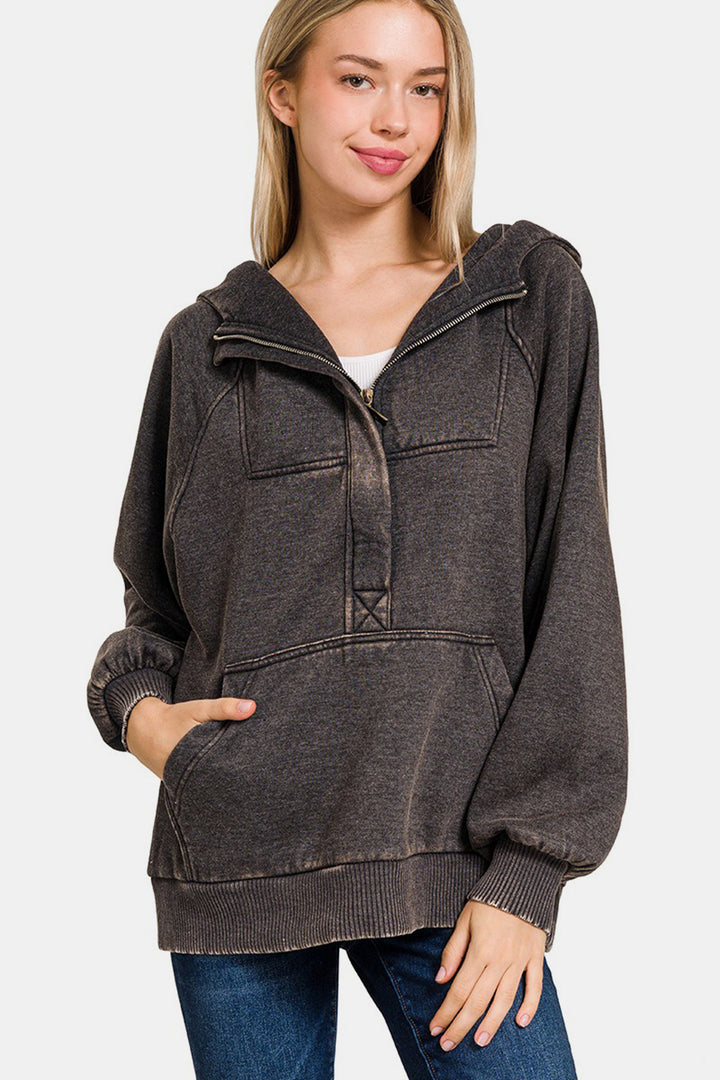 Zenana Acid Wash Fleece Kangaroo Hoodie In Ash Black