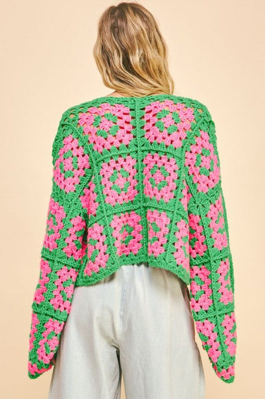 Davi & Dani Two Tone Flower Crochet Cardigan In Green