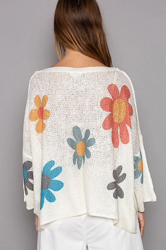 POL Flower Dropped Shoulder Knit Top In Ivory