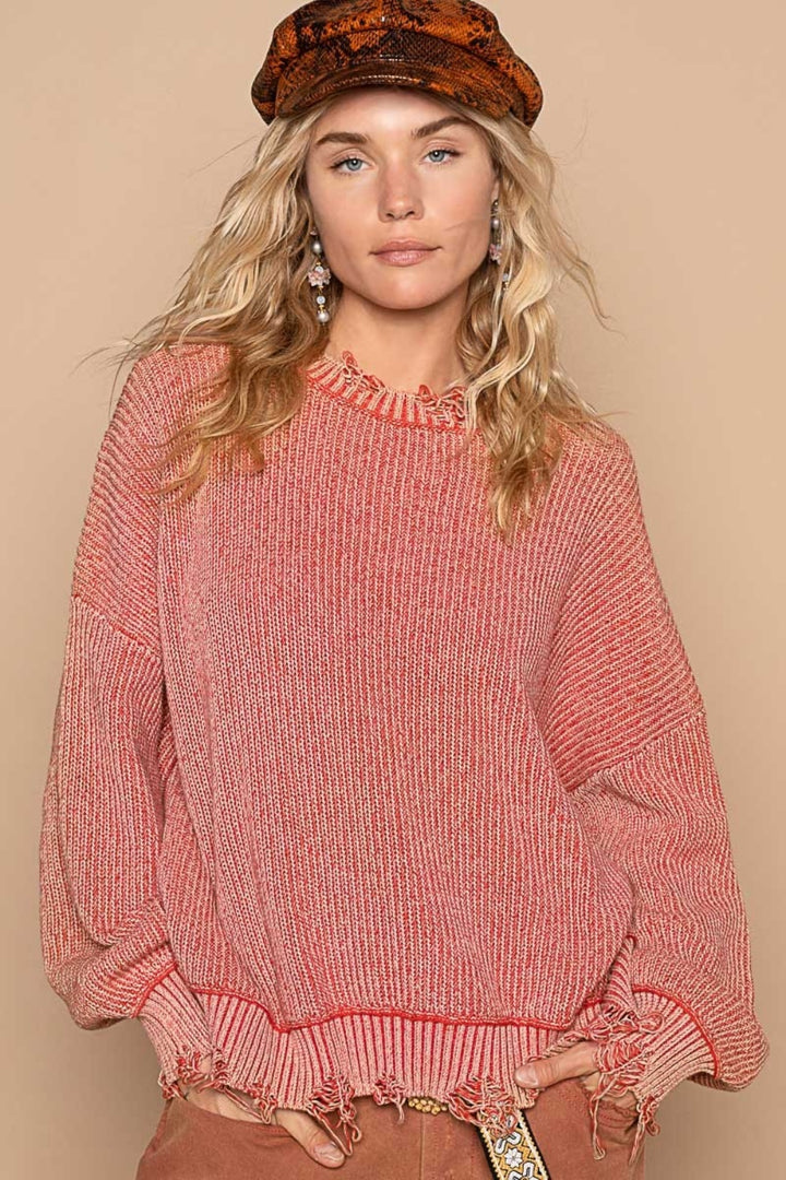 POL Distressed Washed Drop Shoulder Sweater In Brick