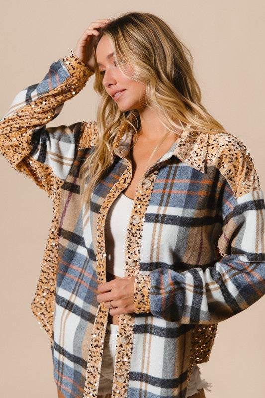 BiBi Curved Hem Sequin Plaid Button Up Shacket In Latte