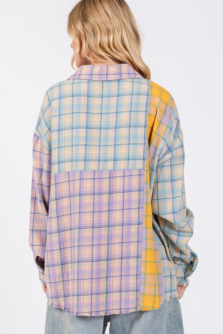 SAGE + FIG Button Up Raw Hem  Plaid Flannel Top In Lavender