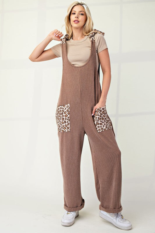 Celeste Ribbed Leopard Tied Shoulder Overalls In Taupe