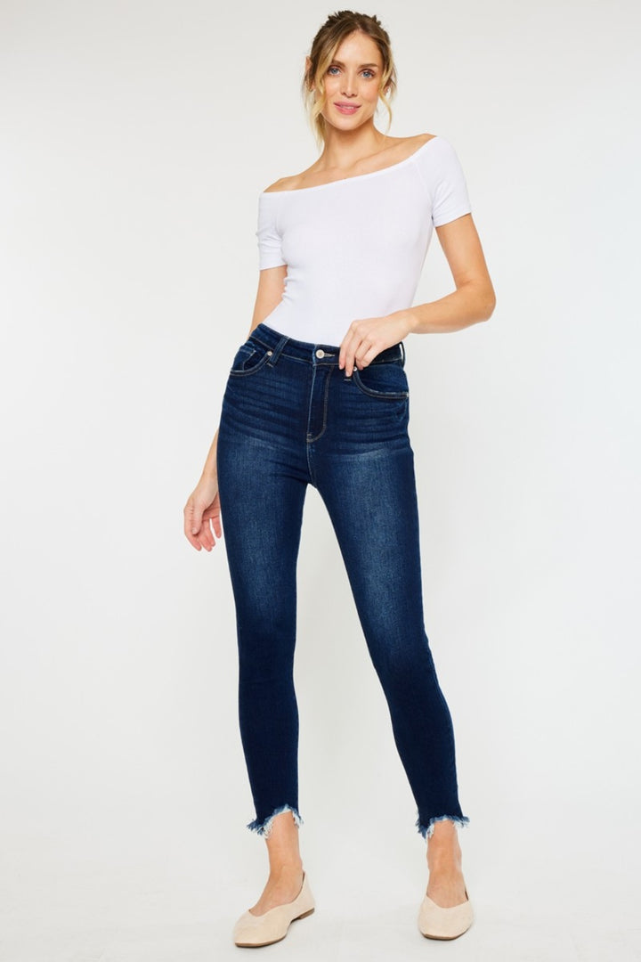 Kancan High Rise Frayed Ankle Skinny Jeans In Dark Wash