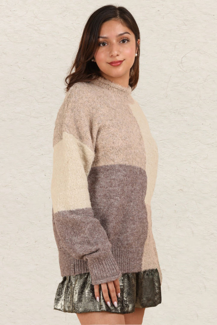 VERY J Color Block Mock Neck Drop Shoulder Sweater In Cream