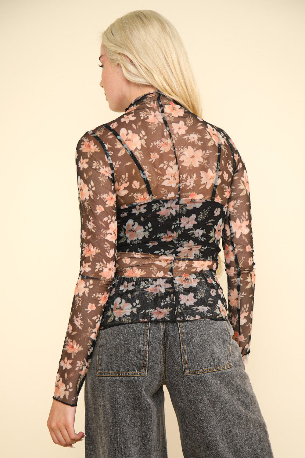 VERY J Floral Mock Neck Sheer Mesh Blouse in Floral Black