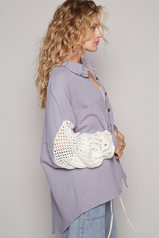 POL Openwork Lantern Sleeve Button Down Gauze Top In Grey