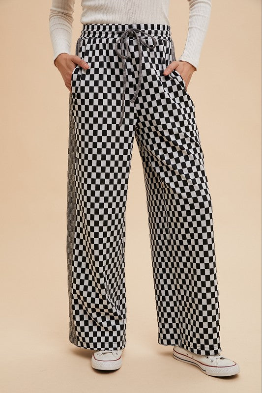 Annie Wear Drawstring Checkered Wide Leg Pants In Black