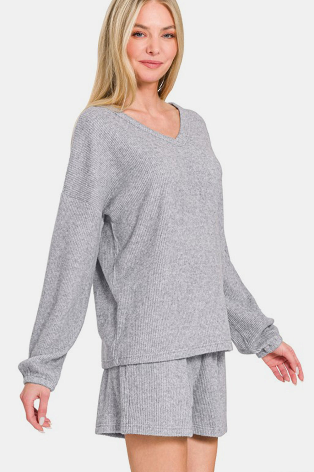 Zenana Ribbed Top and Shorts Set In Gray