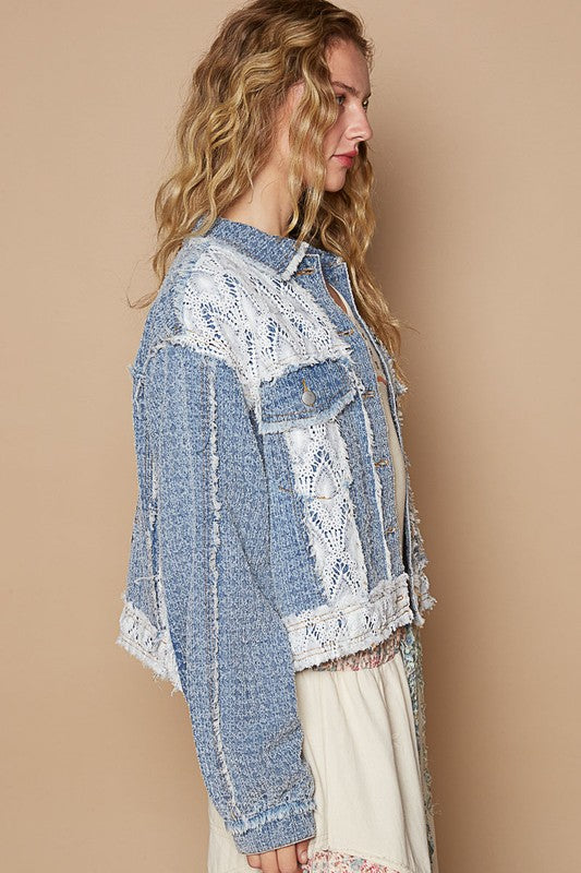 POL Crochet Patch Embroidered Button Up Jacket In Dusty