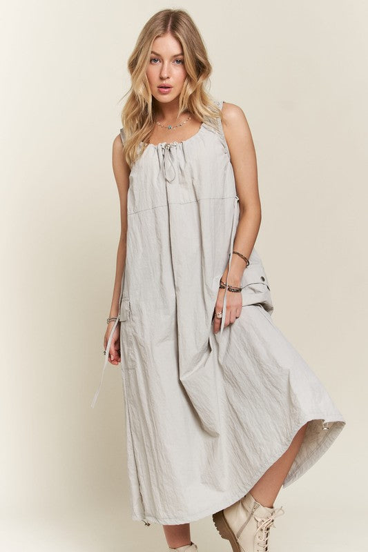 ADORA Drawstring Slit Back Cargo Dress In Lt Grey