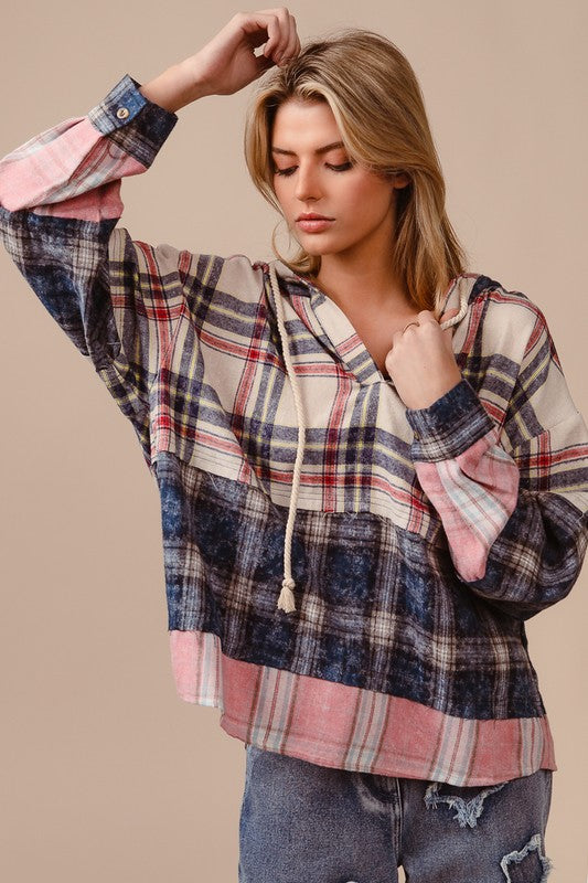 BiBi Drawstring Plaid Hoodie In Cream