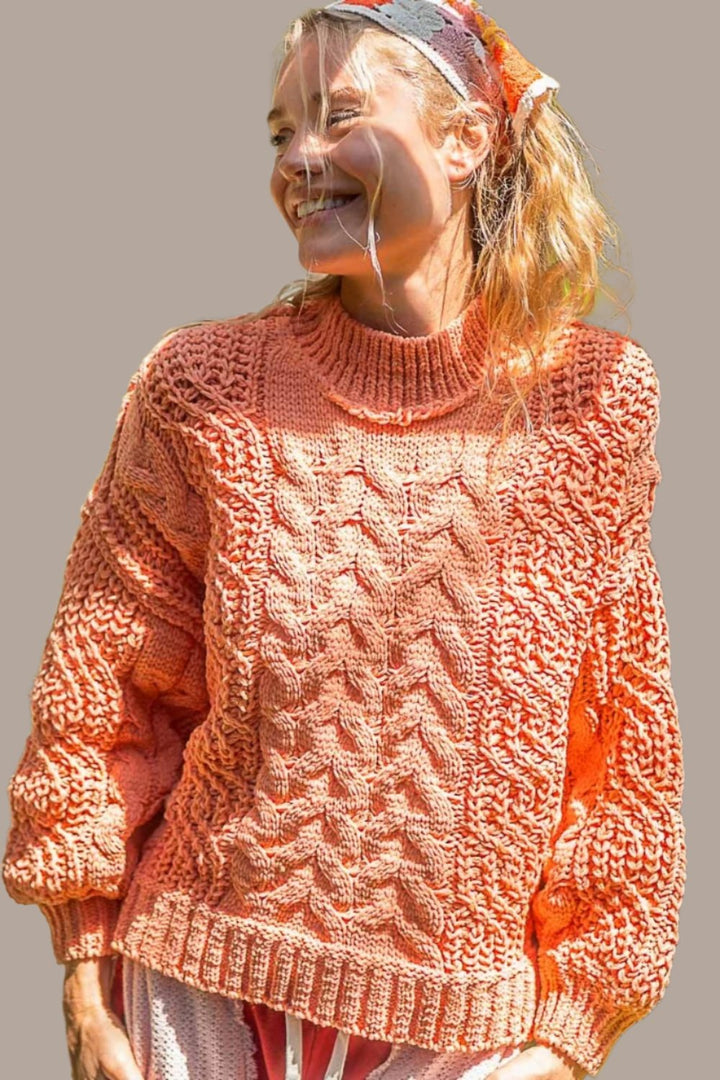 POL Mock Neck Cable Knit Sweater In Coral Tangerine