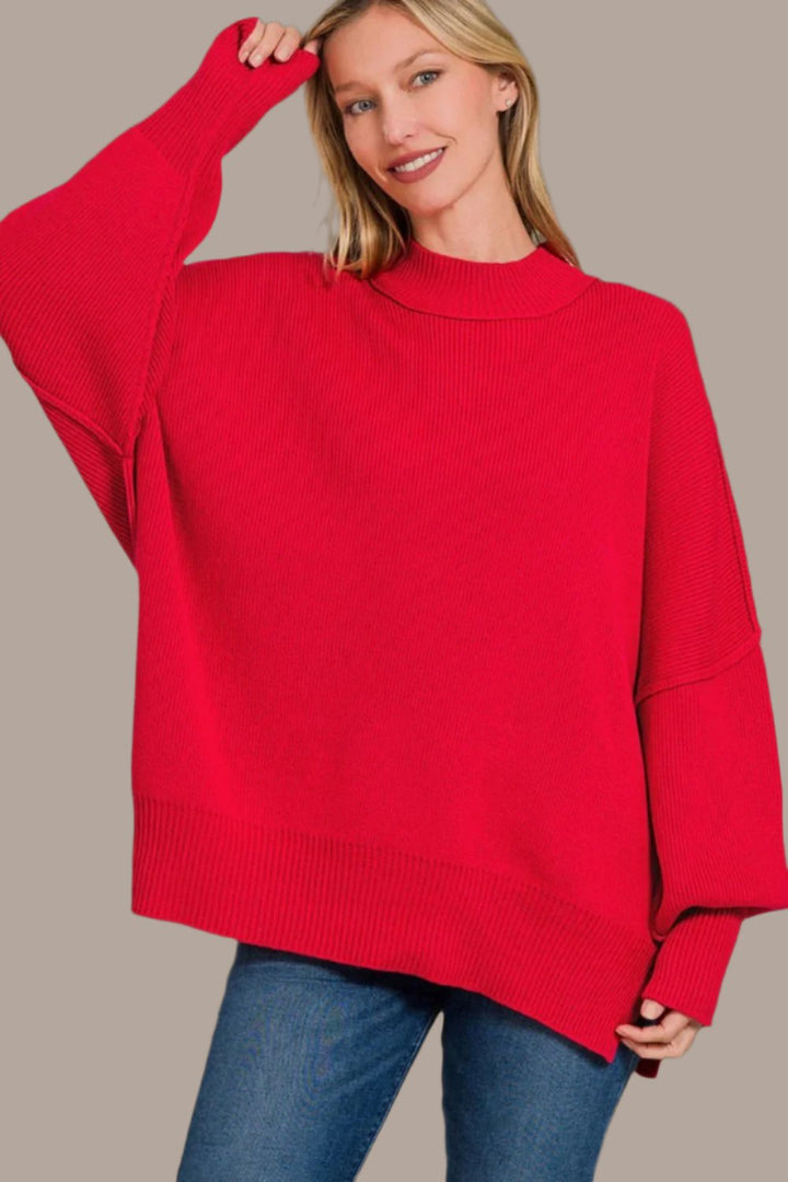 Zenana Side Sit Oversize Sweater In Ruby