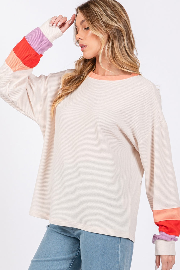 SAGE + FIG Color Block Waffle Knit Top In Sand