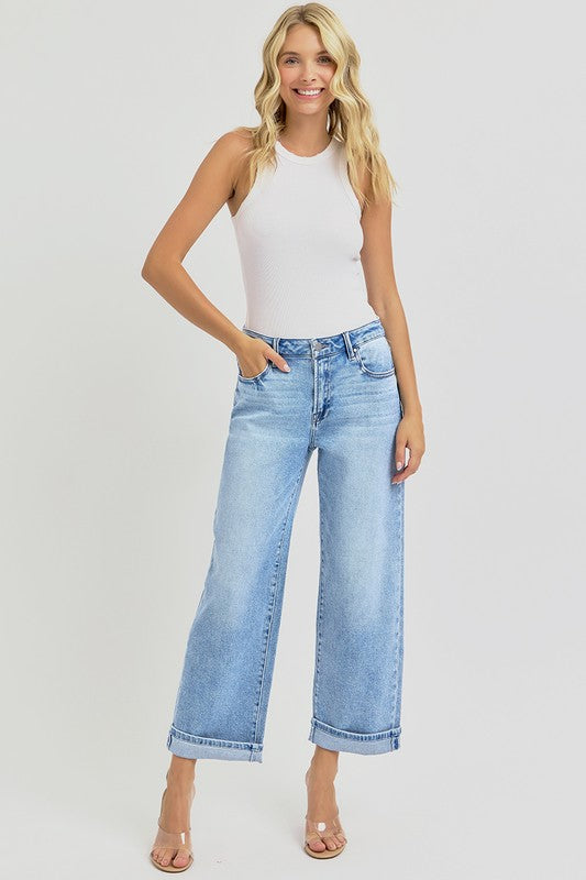 RISEN Ankle Wide Leg Cuffed Jeans In Light Wash