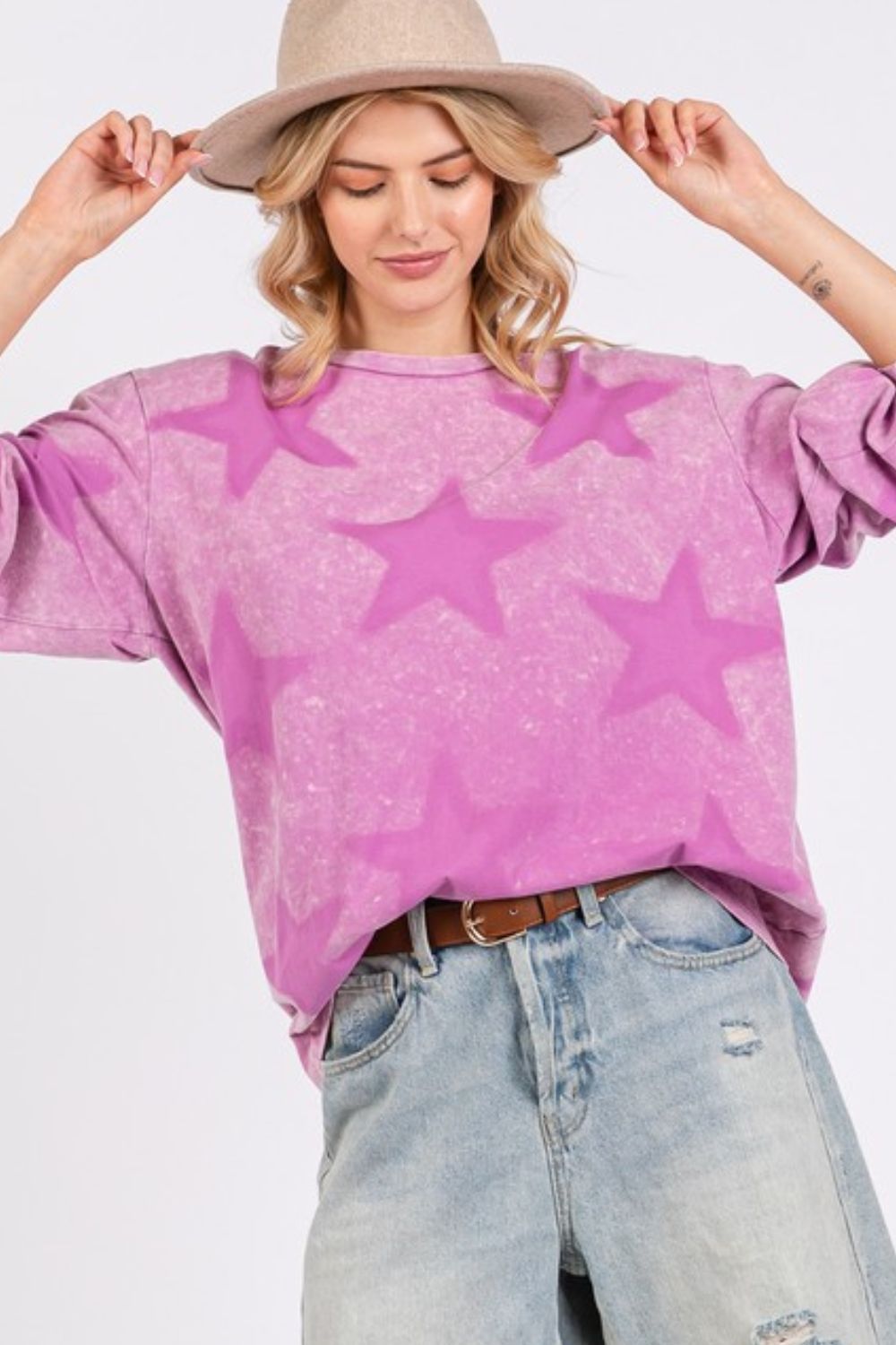 SAGE + FIG Mineral Wash Star Pattern T-Shirt In Moonlit Mauve