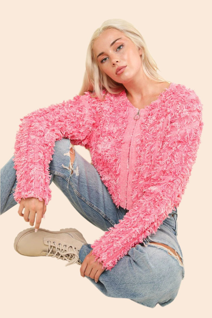 VERY J Shaggy Yarn Knit Zip Up Jacket In Pink