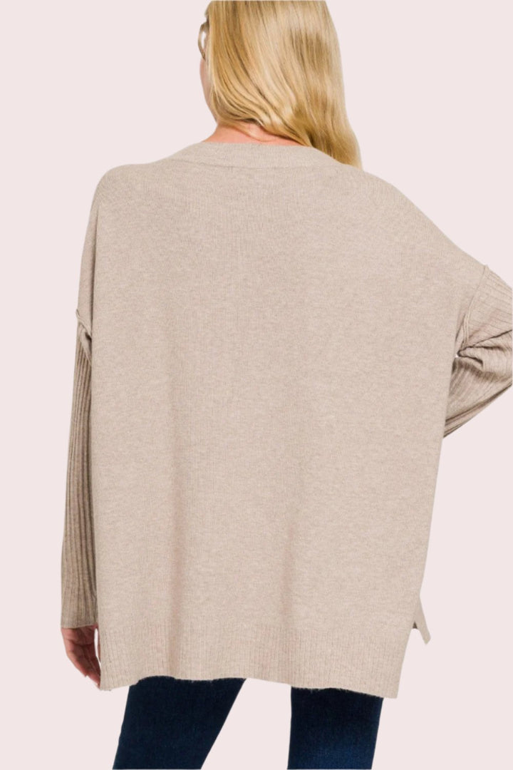 Zenana V-Neck Side Slit High-Low Sweater In H Mocha