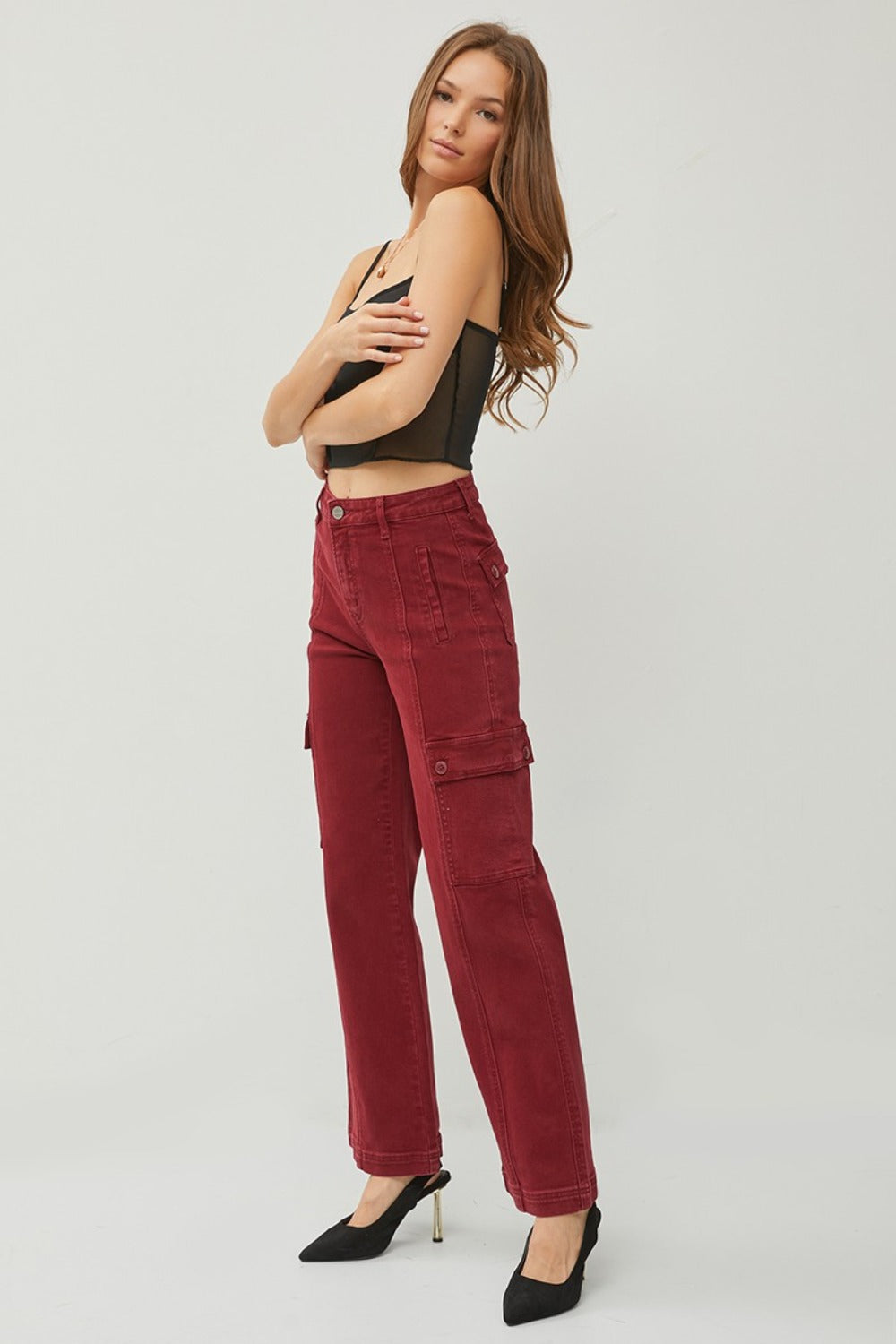 RISEN High Rise Wide Leg Cargo Jeans In Wine