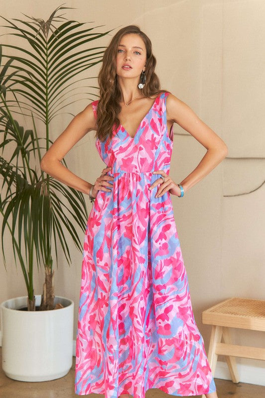 ADORA Abstract Floral V-Neck Maxi Dress In Pink Blush