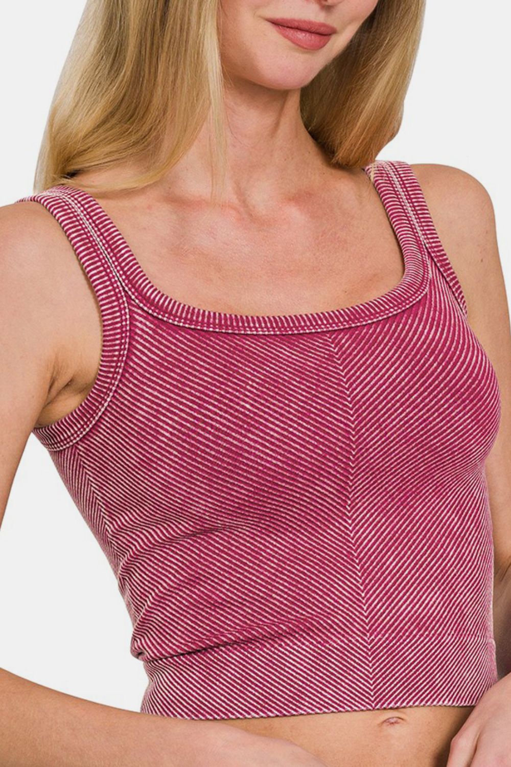 Zenana Washed Ribbed Scoop Neck Wide Strap Tank In Burgundy