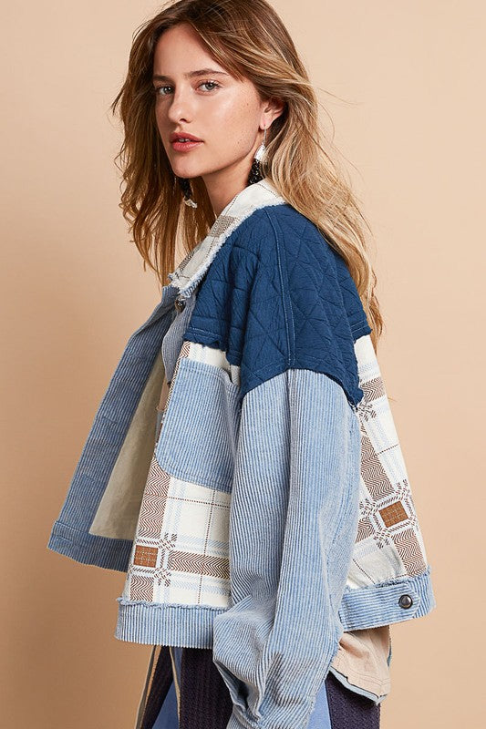 POL Corduroy Jacquard Patchwork Jacket In Light Blue