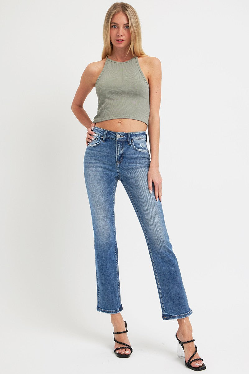 RISEN Mid Rise Ankle Straight Jeans with Pockets In Dark Wash