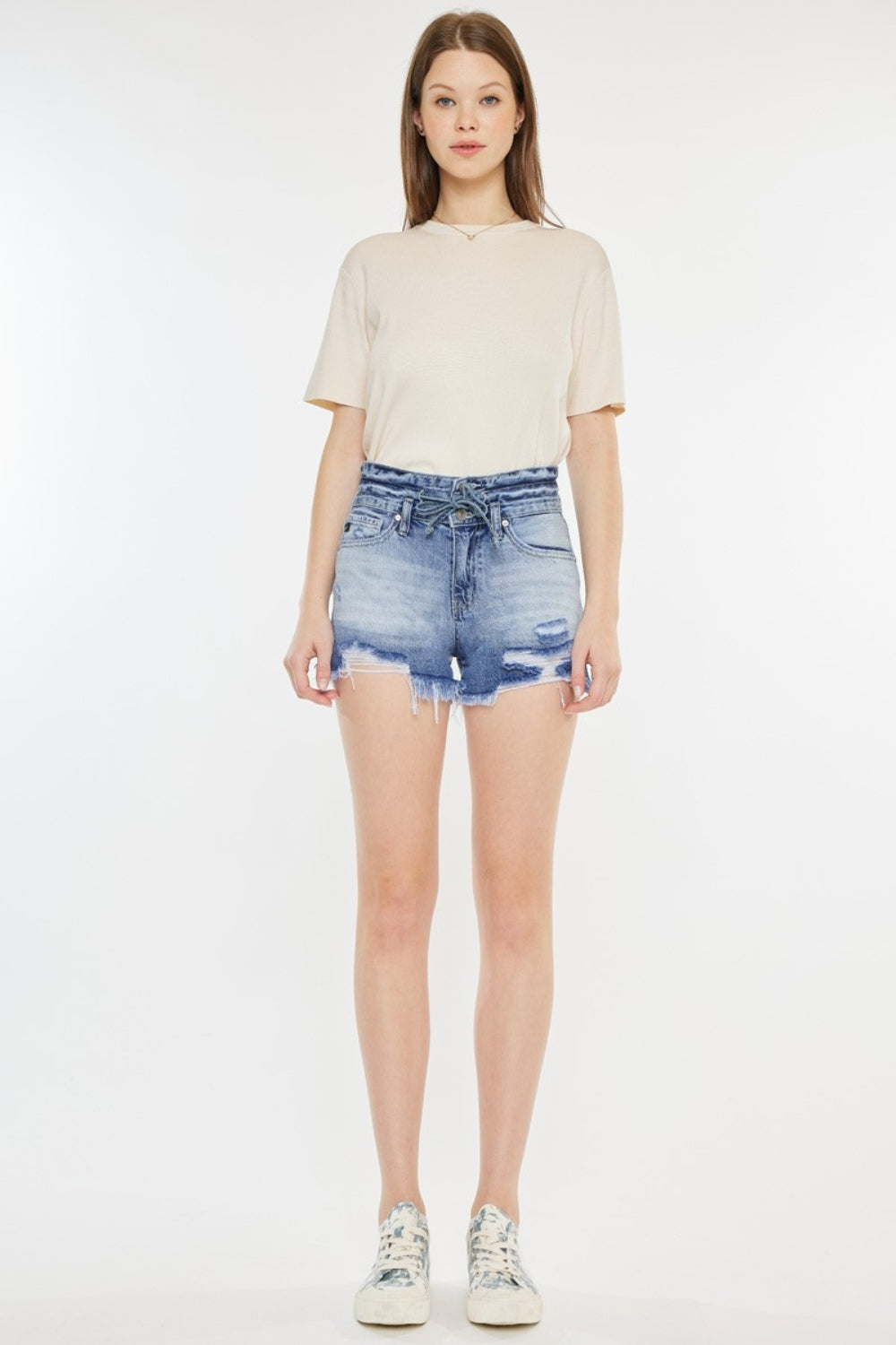 Kancan Maya High Rise Frayed Hem Denim Shorts