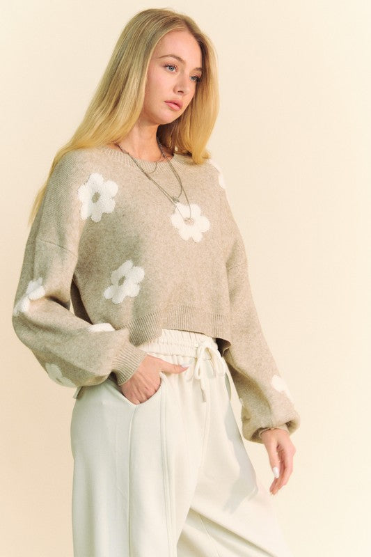 Davi & Dani Floral Cropped Sweater In Tan