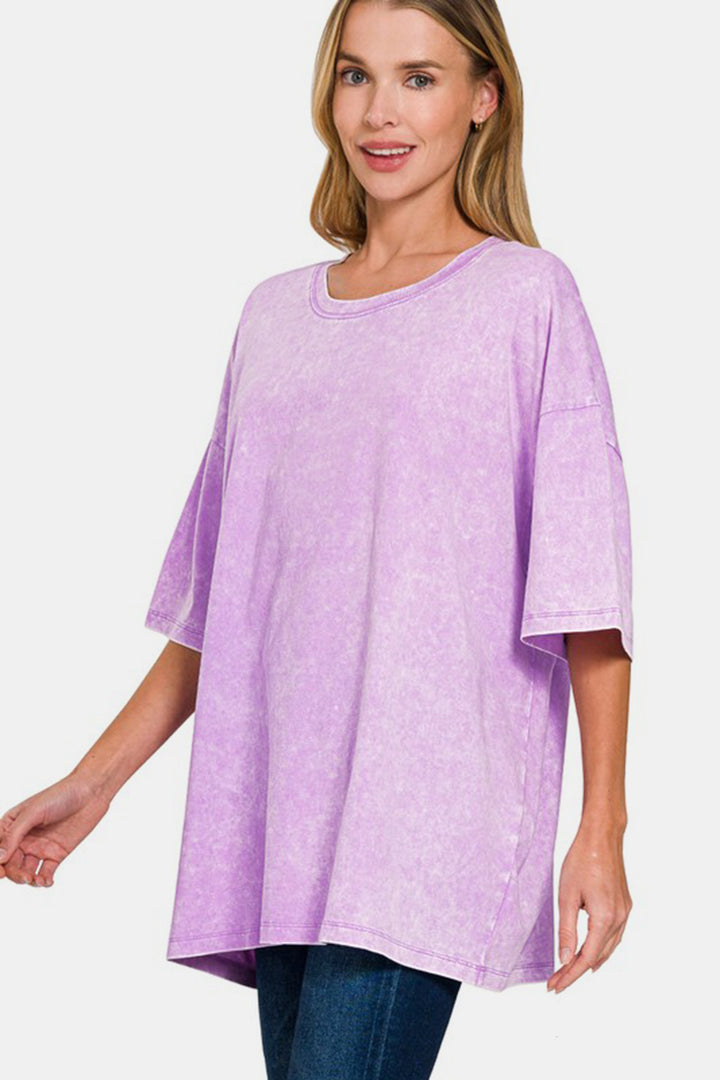 Zenana Washed Oversized T-Shirt In Pink Purple