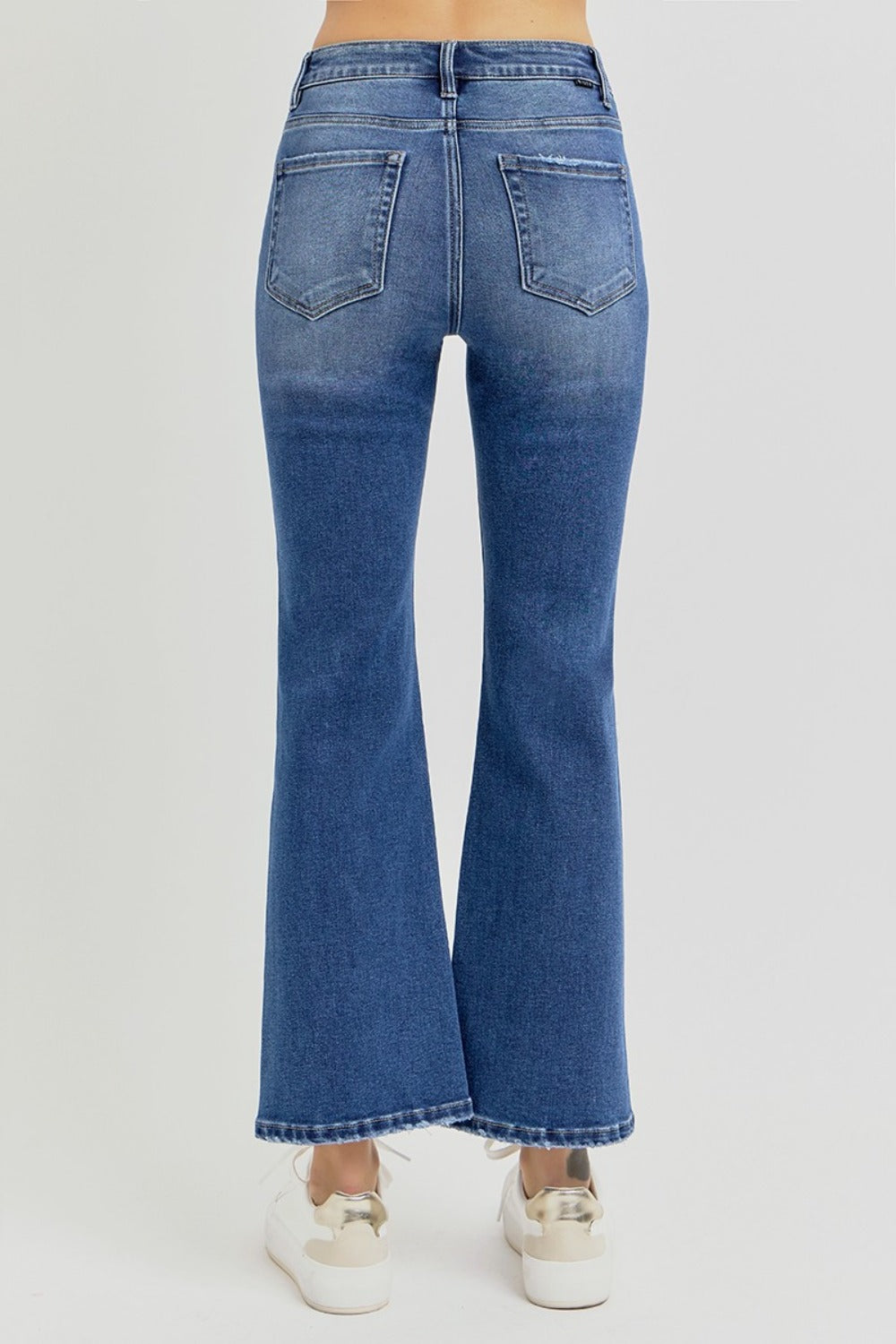 RISEN Distressed High Rise Crop Flare Jeans In Dark Wash