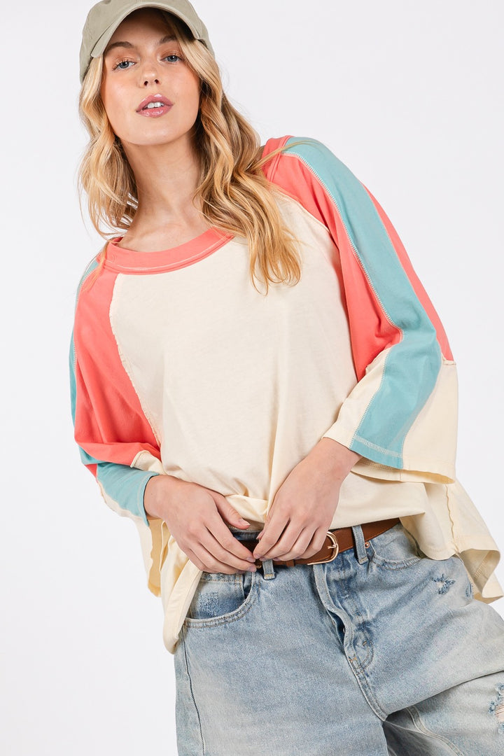 SAGE + FIG Color Block Curved Hem Top In Magnolia