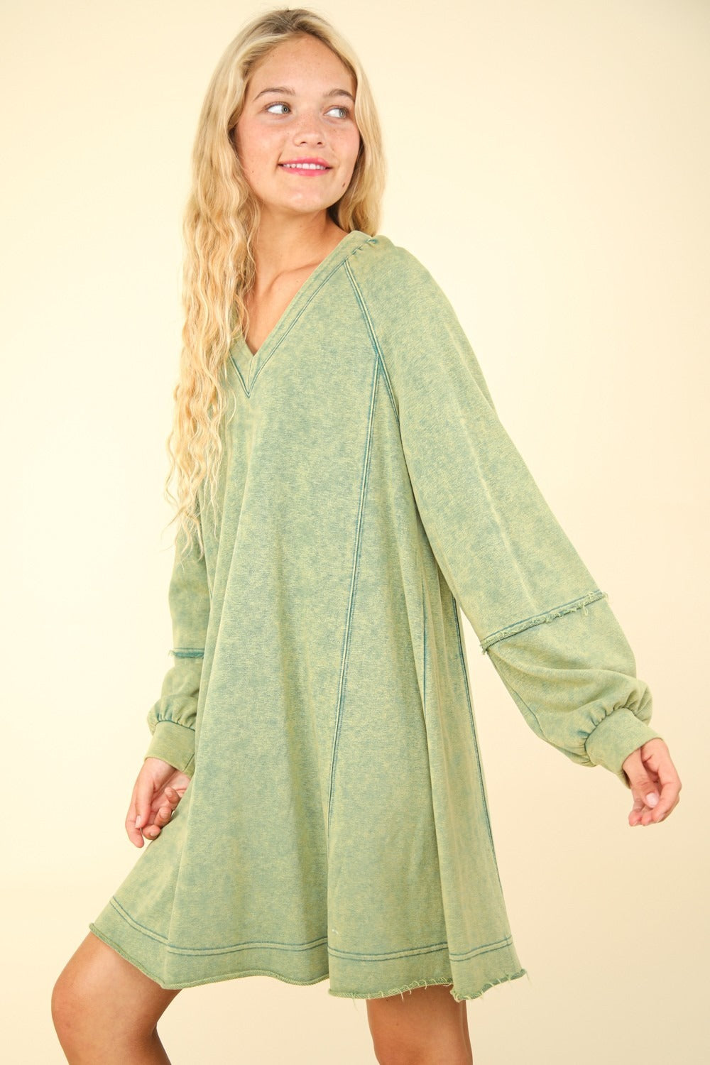 VERY J Mineral Washed Oversized A-Line Mini Dress In Forest