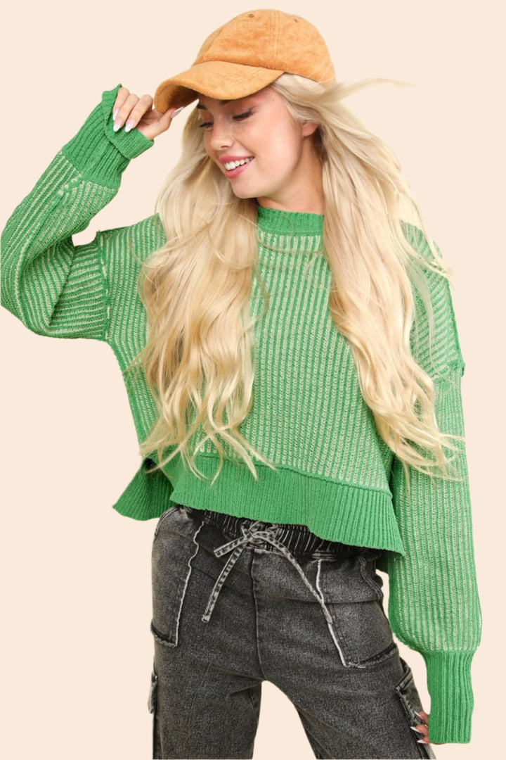 VERY J Exposed Seam Cropped Striped Slit Sweater In Green