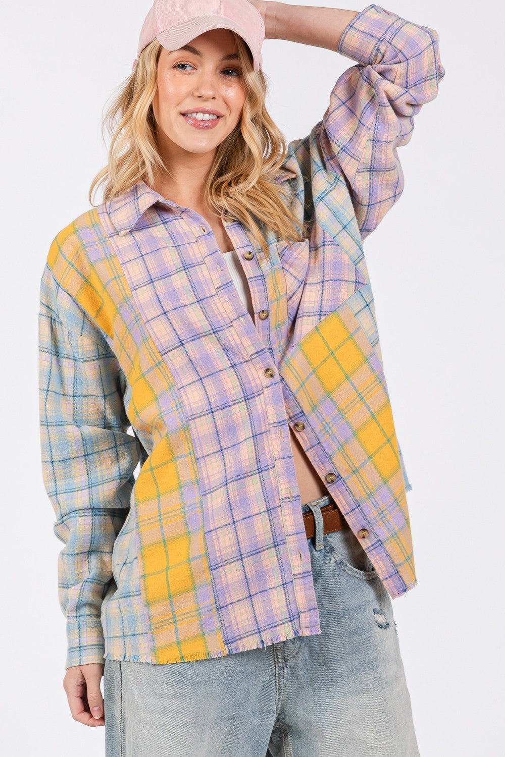 SAGE + FIG Button Up Raw Hem  Plaid Flannel Top In Lavender