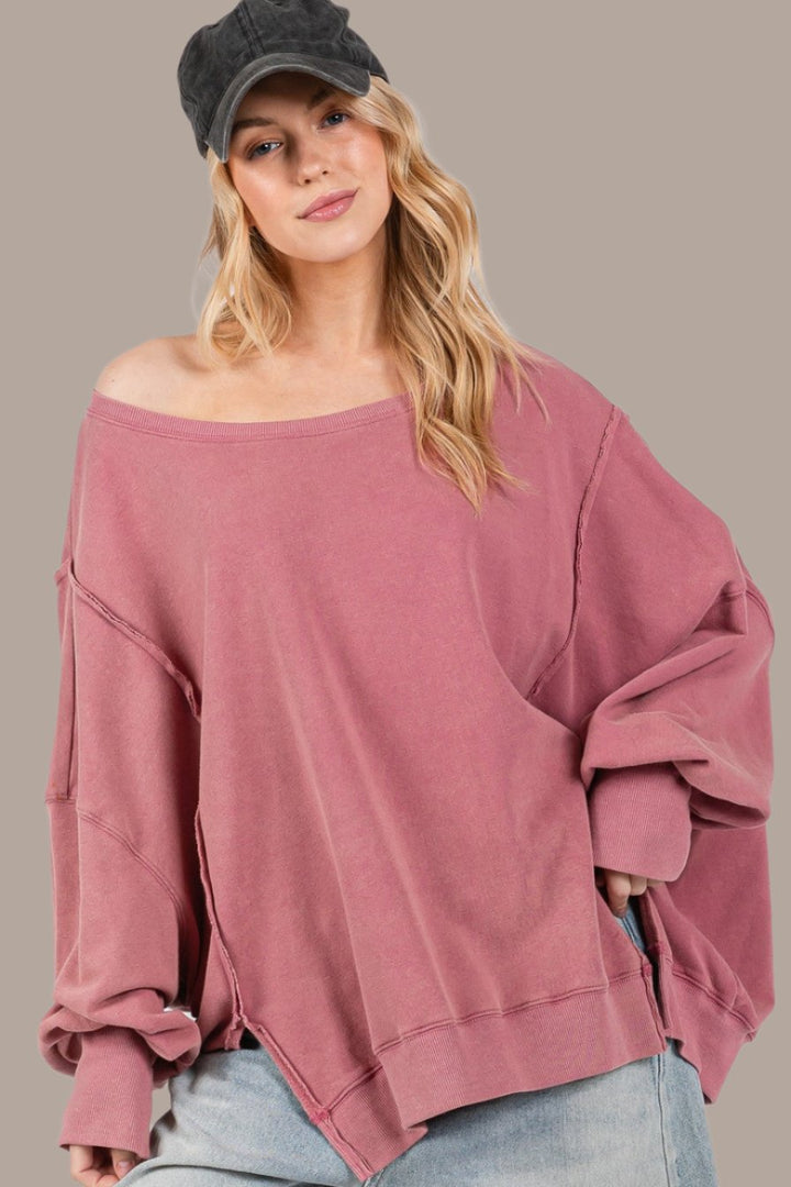 SAGE + FIG Mineral Wash Side Slit Oversized Sweatshirt In Mulberry