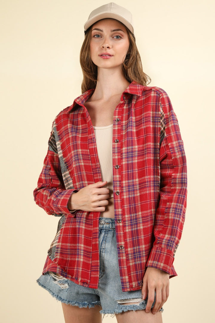 VERY J Contrast Plaid Raw Detail Shirt In Red