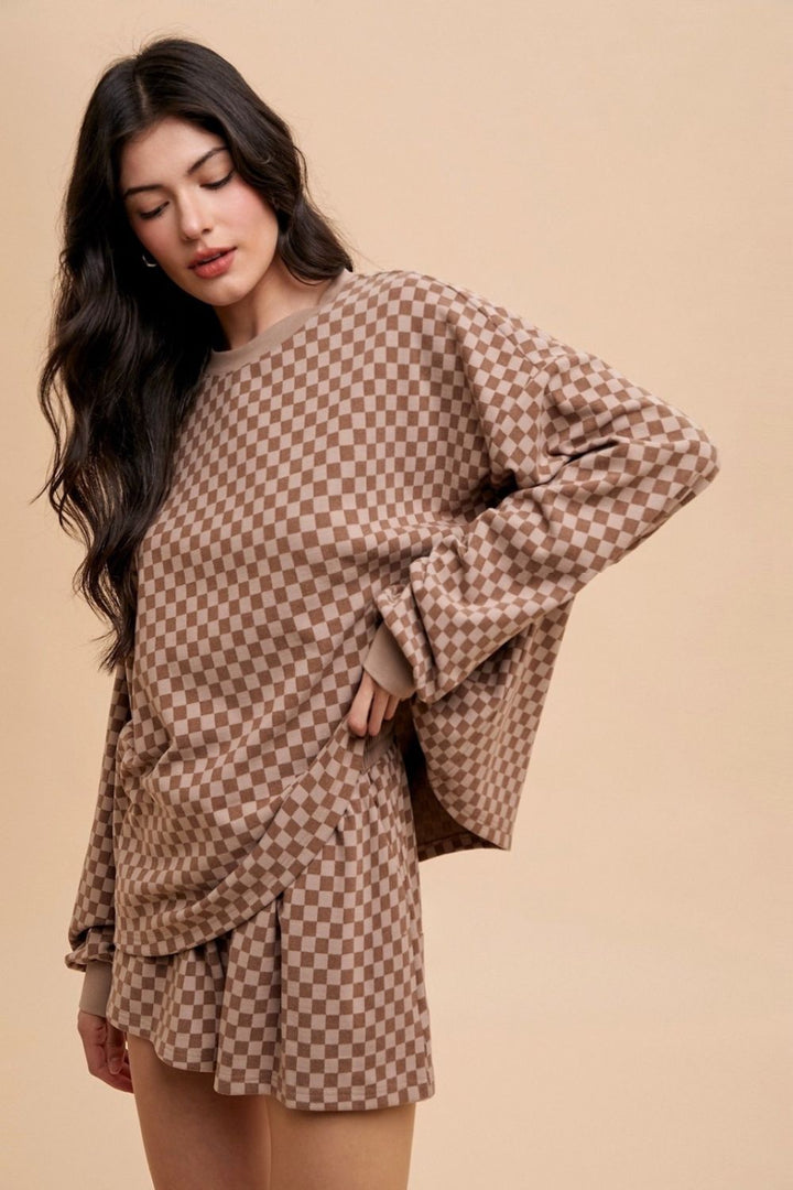 Annie Wear Checkered Top and Drawstring Shorts Set In Mocha