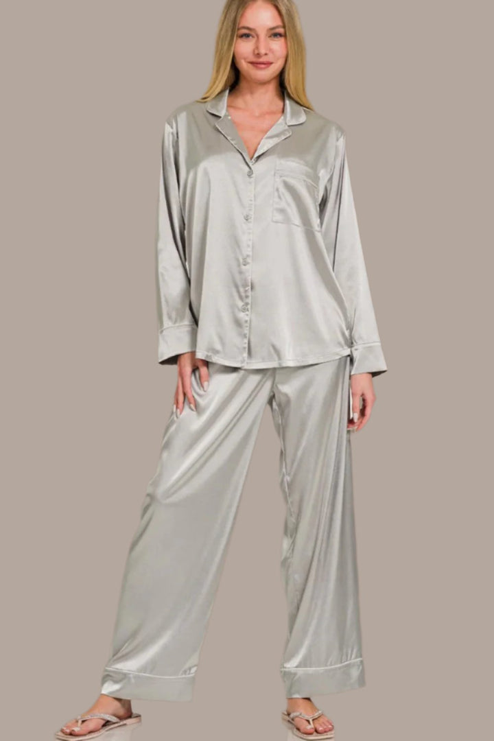 Zenana Satin Shirt and Pants Pajama Set In Silver